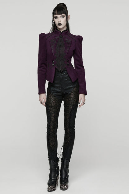 Purple Stand Collar Long Sleeves Embroidered Lace-Up Zippered Women's Gothic Jacket