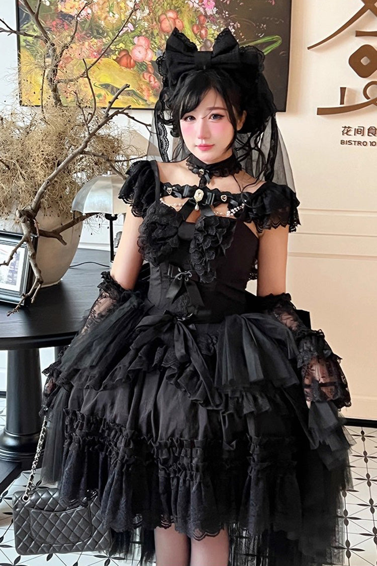 Black [Jewelry Love Story] Halterneck Ruffle Hanayome Bowknot Lace Gothic Lolita Dress