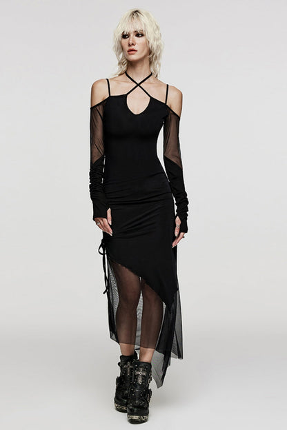 Black Skull Print Stitching Sheer Mesh Women's Gothic Dress