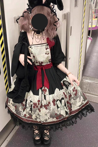 Black [Alice of the Asylum] Print Bowknot Lace Gothic Lolita Dress 2 Versions