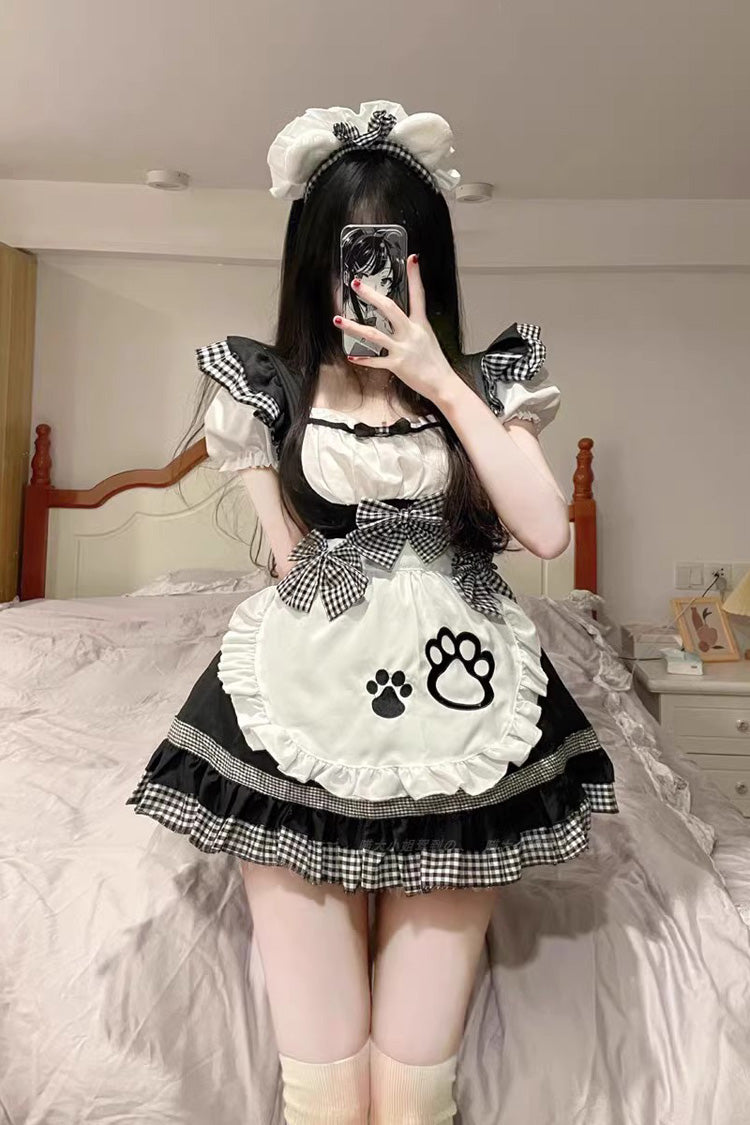 Black/White Plus Size Short Sleeves Cat Paw Print Sweet Lolita Maid Dress