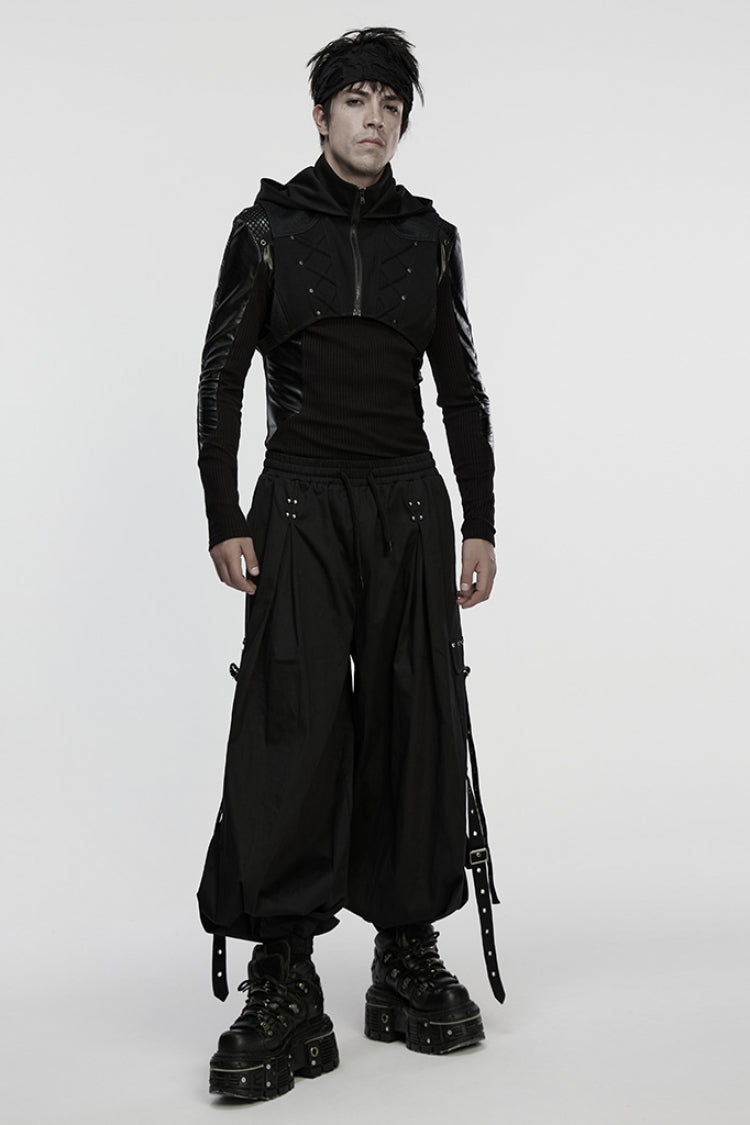 Black Stand Collar Sleeveless Hooded Zippered Men's Punk Vest