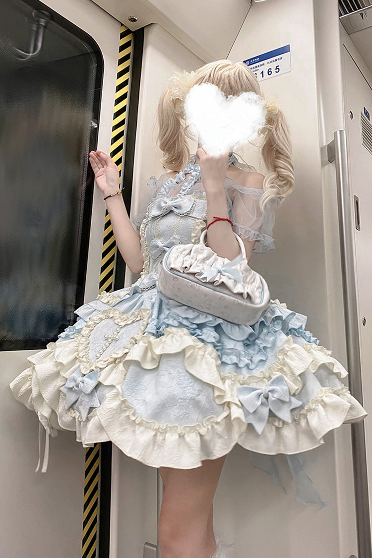 Blue [Heart of Butterfly] Halterneck Sleeveless Multi-Layered Ruffle Embroidery Princess Ballet Lolita Jsk Dress Set
