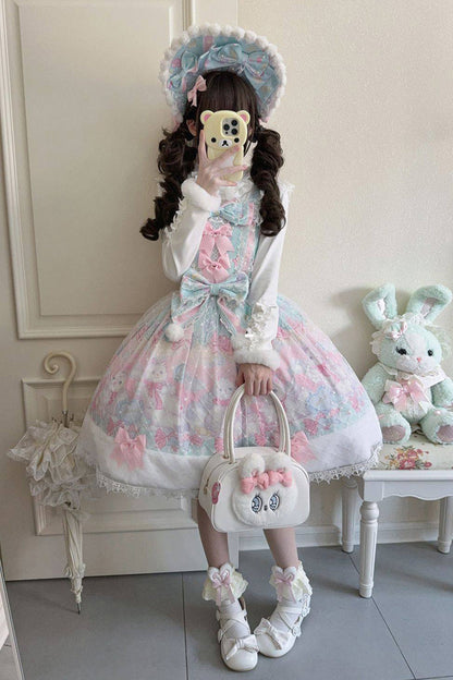 Green/Pink [Candy Mary Cat] Printed Ruffled Embroidered Bow Lace Sweet Lolita Jsk Dress