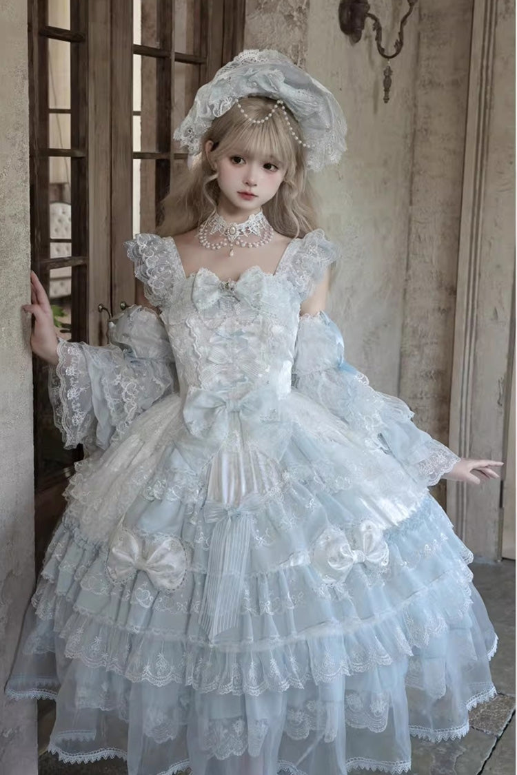 Blue [Prelude of Spring] Sleeveless Multi-Layered Ruffled Bow Lace Sweet Princess Lolita Jsk Dress