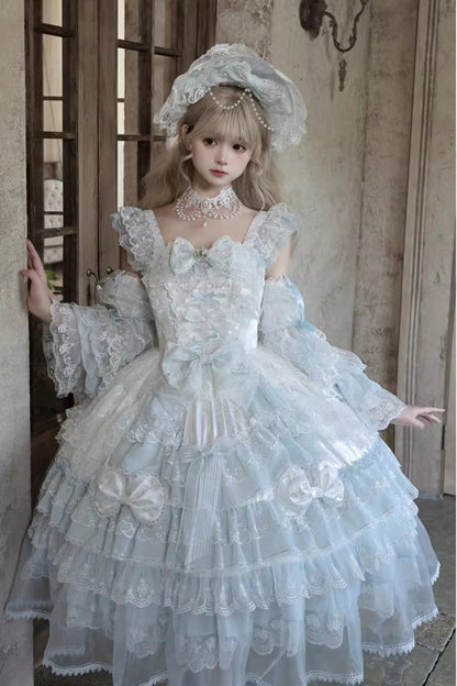 Blue [Prelude of Spring] Sleeveless Multi-Layered Ruffled Bow Lace Sweet Princess Lolita Jsk Dress