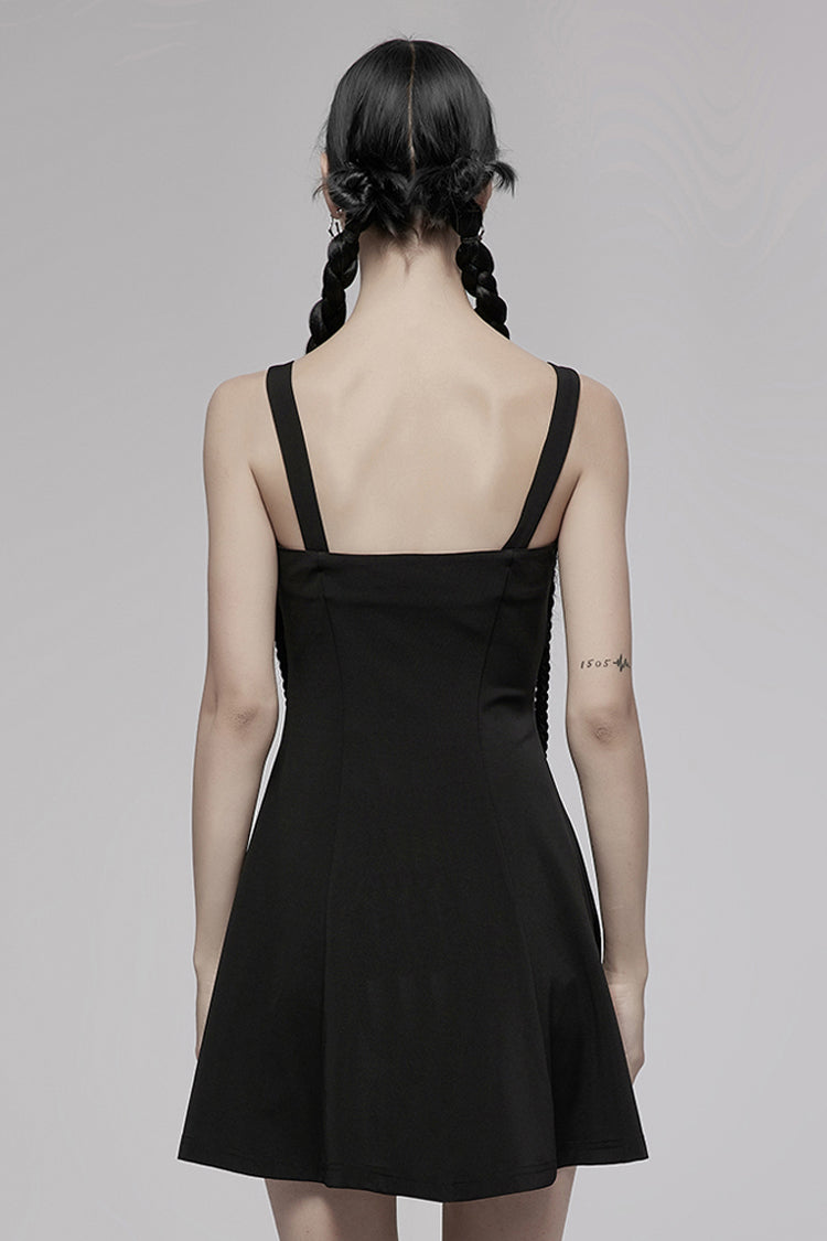Black Suspender Hollow Mesh Metal PU Buckle Bow Design Sleeveless Women's Punk Dress