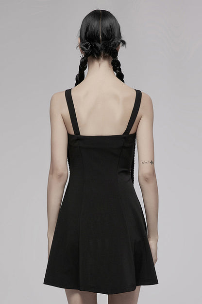 Black Suspender Hollow Mesh Metal PU Buckle Bow Design Sleeveless Women's Punk Dress