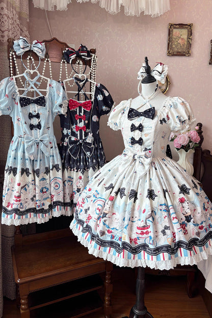 Black [Mystery Rabbit Tea Party] Square Collar Short Sleeves Print Ruffle Bowknot Lace Sweet Lolita Dress