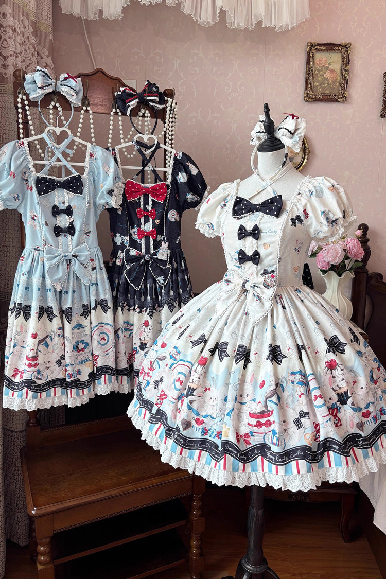 Blue [Mystery Rabbit Tea Party] Square Collar Short Sleeves Print Ruffle Bowknot Lace Sweet Lolita Dress