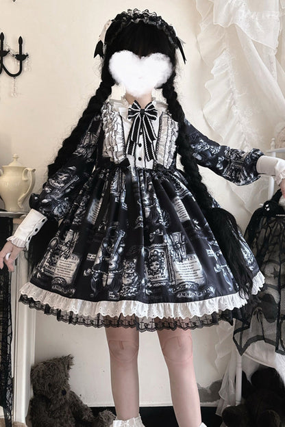 Black [Antique Cat] Print Long Sleeves Ruffle Bowknot Gothic Princess Lolita Dress