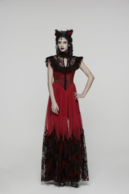 Black/Red Stand Collar Sleeveless Printed Hanayome Lace Lace-Up Women's Gothic Elegant Dress Wedding Dress