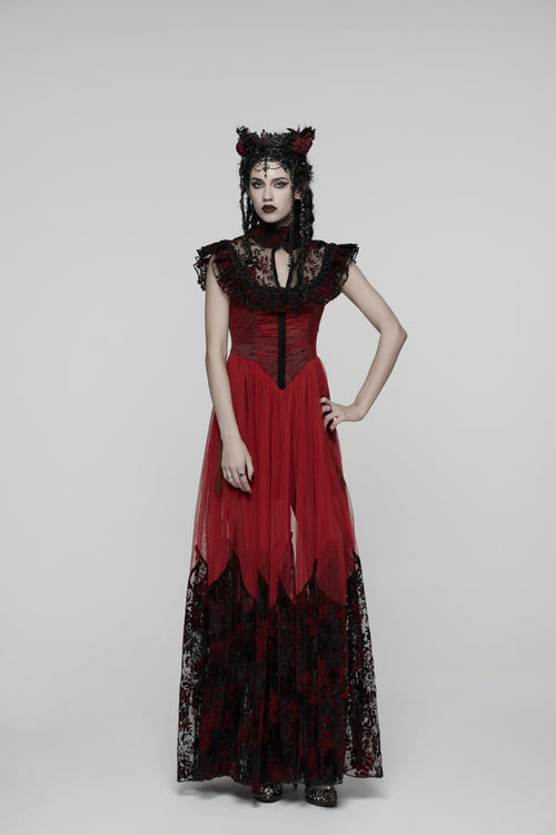 Black/Red Stand Collar Sleeveless Printed Hanayome Lace Lace-Up Women's Gothic Elegant Dress Wedding Dress