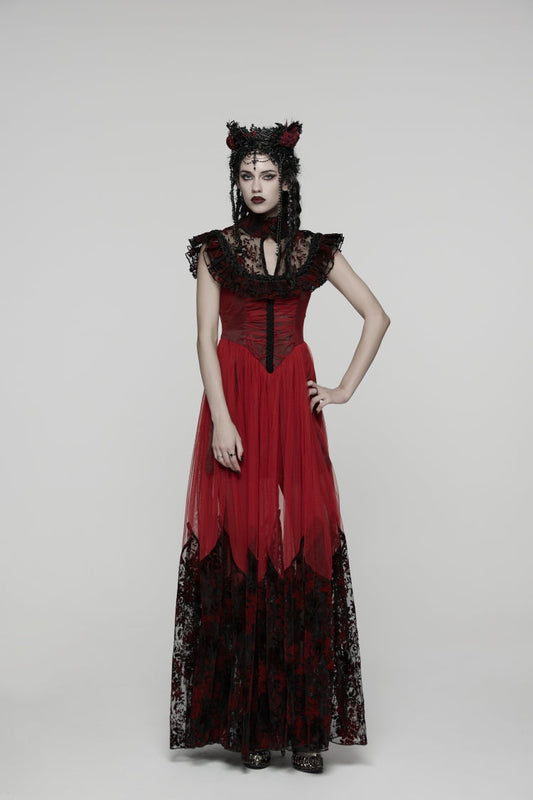 Black/Red Stand Collar Sleeveless Printed Hanayome Lace Lace-Up Women's Gothic Elegant Dress Wedding Dress