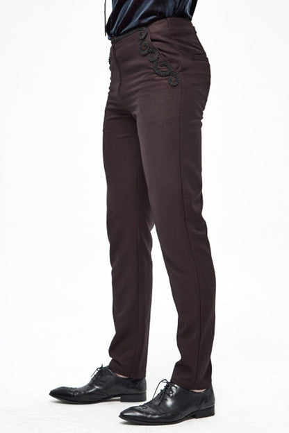 Brown Twill Suit Material Side Pocket Floral Shaped Webbing Gothic Mens Pants
