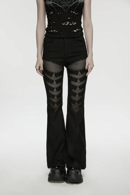 Black Spliced Slim Eyelet Women's Punk Pants