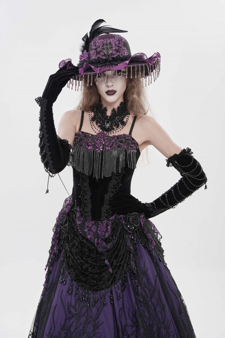 Black/Purple Lace-Up Women's Gothic Embroidered Tassels  Overbust Corset