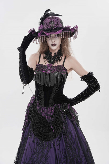 Black/Purple Lace-Up Women's Gothic Embroidered Tassels  Overbust Corset