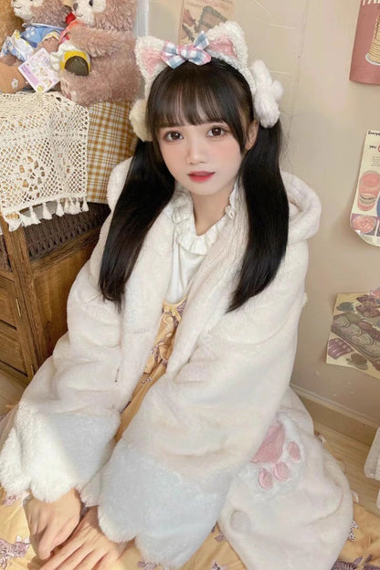 [Sleepy Bear] Long Sleeves Plush Thickened Hooded Sweet Lolita Coat 2 Colors