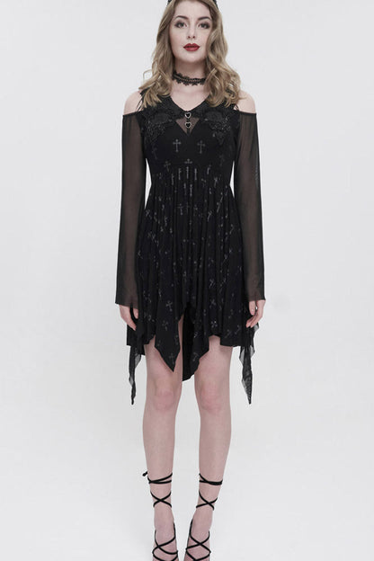Black Sleeves Cross Print Embroidered And Beaded Neckline Stretch-Mesh Flared Women's Gothic Dress