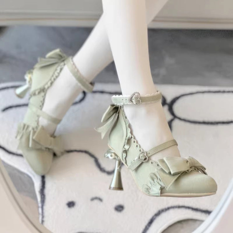 Ruffled Bow Lace Sweet Elegant Lolita Pointed Toe High Heels 4 Colors