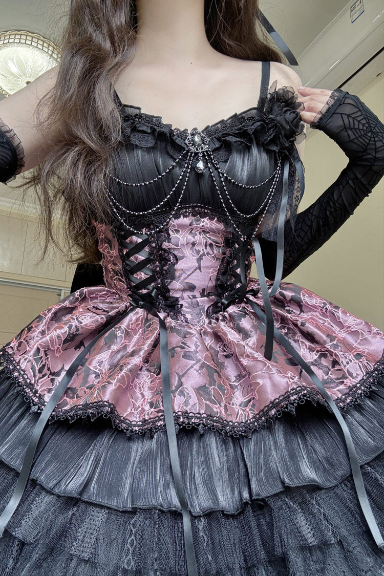 Black/Pink Ancient Dream of the Dark Night Print Ruffle Gothic Lolita Jsk Dress