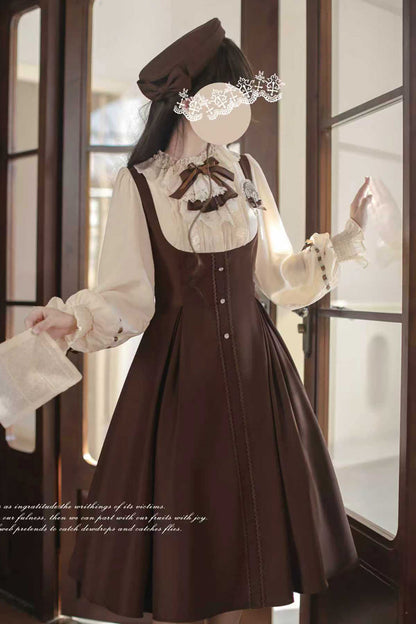 Brown/White [Sunset Academy] Long Sleeves Ruffle Bowknot Fake Two Pieces Vintage College Style Elegant Lolita Dress