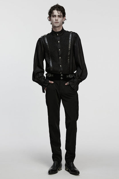 Black Stand Collar Long Puff Sleeves Ruffle Pleated Men's Gothic Blouse