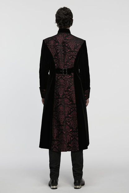 Black/Red Stand Collar Long Sleeves Floral Jacquard Bouble-breasted Zipper Men's Gothic Coat