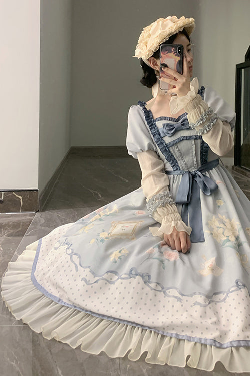 Blue Ruffled Square Collar Floral Print Puff Long Sleeve High Waist Sweet Lolita OP Dress
