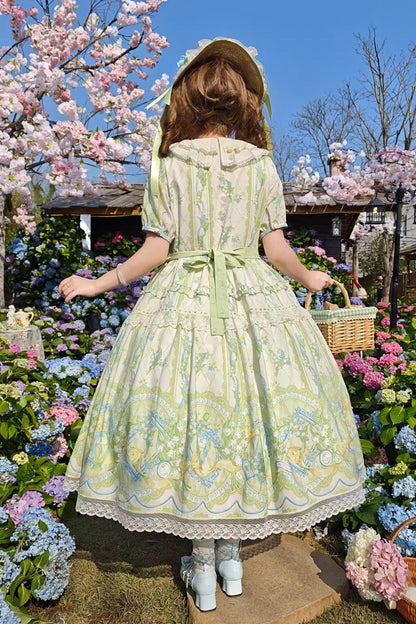 Ivory/Green [Lily of the Valley Perfume] Pearl Candy Tea Doll Collar Short Sleeves Printed Lace Plus Size Sweet Lolita OP Dress