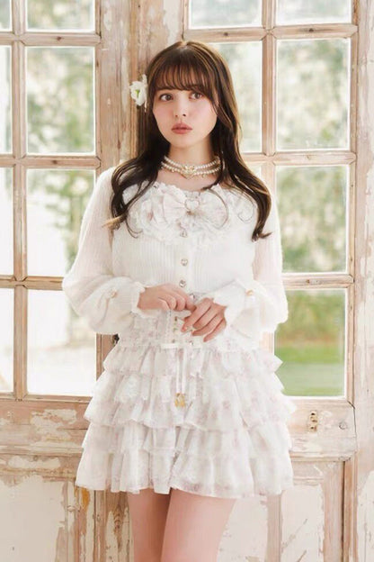 Jirai Kei Long Sleeves Multi-Layered Printed Ruffled Bow Sweet Dress 3 Colors