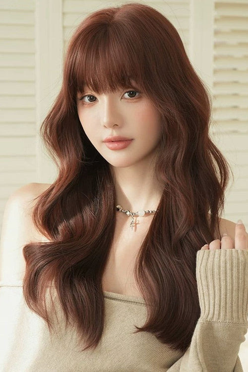 Dark Red Bean Paste Fluffy Natural Long Wavy Curls Sweet Daily Lolita Long Wig