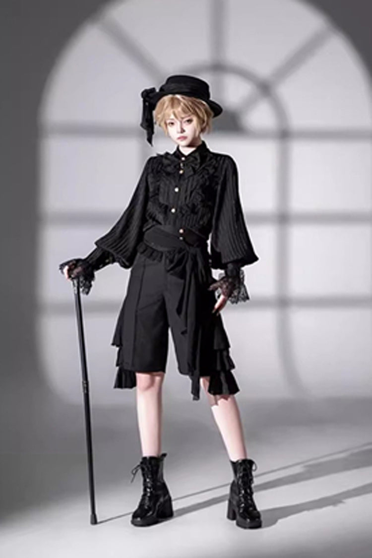 Black [Eternal City] Long Sleeves Lace Gothic Prince Medieval Ouji Lolita Blouse Knee-Length Shorts Set