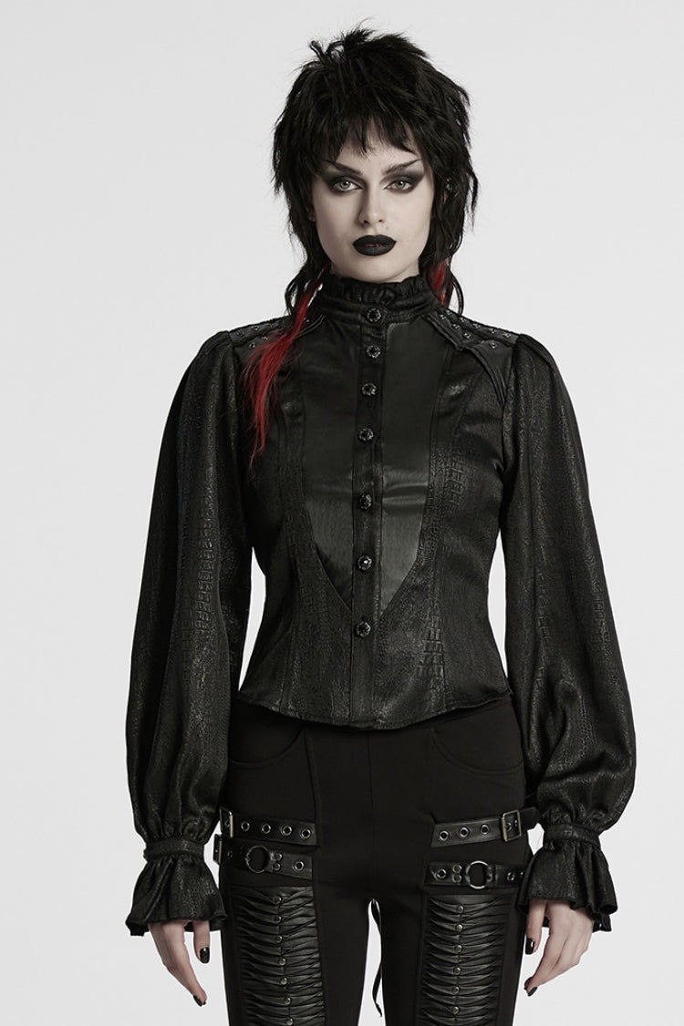 Black Stand Collar Long Puff Sleeves Faux Leather Stitching Women's Gothic Blouse