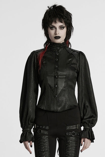 Black Stand Collar Long Puff Sleeves Faux Leather Stitching Women's Gothic Blouse