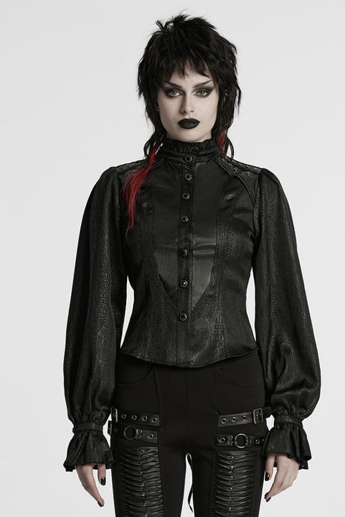 Black Stand Collar Long Puff Sleeves Faux Leather Stitching Women's Gothic Blouse