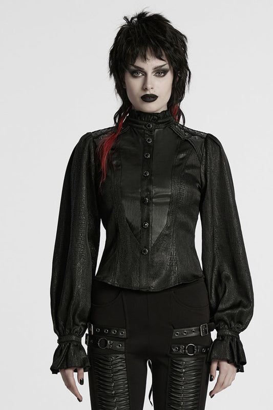 Black Stand Collar Long Puff Sleeves Faux Leather Stitching Women's Gothic Blouse