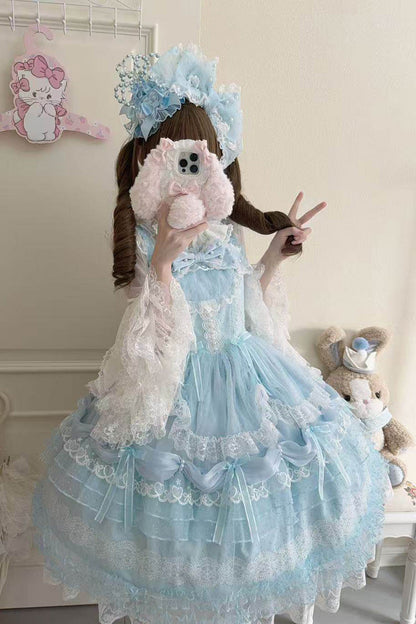 Blue [Sugar Heart Knot] Multi-Layered Ruffled Bow Lace Sweet Lolita Jsk Dress