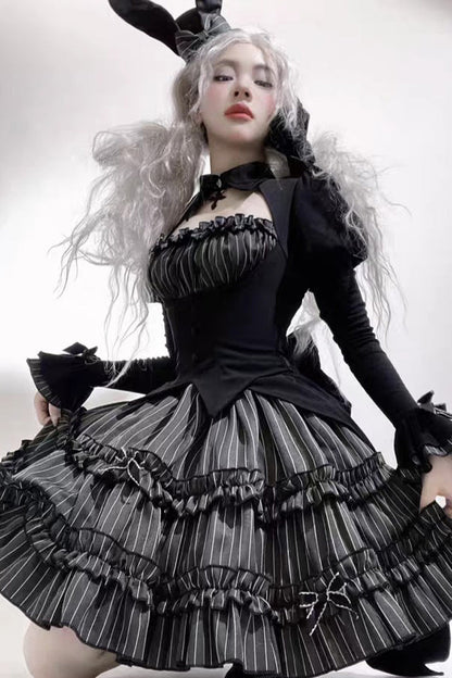 Black [Duke of the Trap Rabbit] Long Sleeves Stripe Print Ruffle Bowknot Lace Gothic Lolita Dress