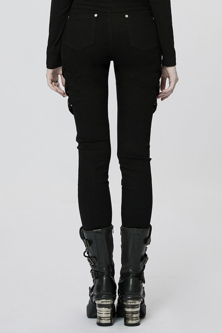 Black Stitching Slim Mesh Buckles Metal Hardware Women's Steampunk Pants