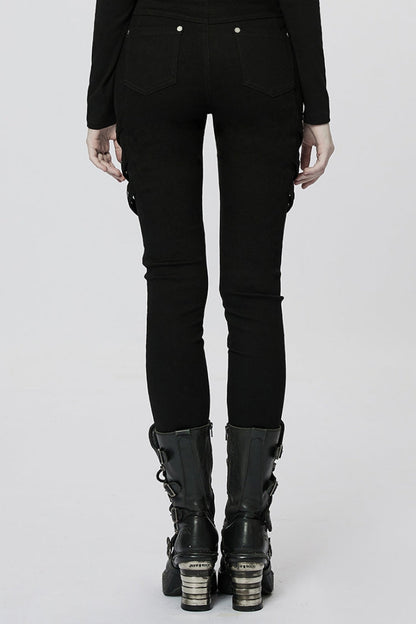 Black Stitching Slim Mesh Buckles Metal Hardware Women's Steampunk Pants