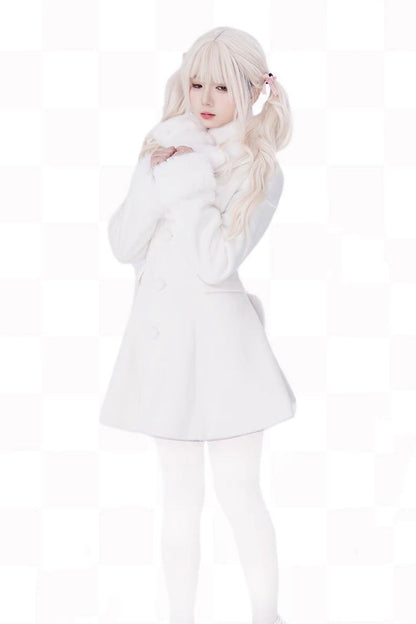 [First Love] Long Sleeves Faux Fox Fur Autumn Winter Wool Sweet Lolita Coat