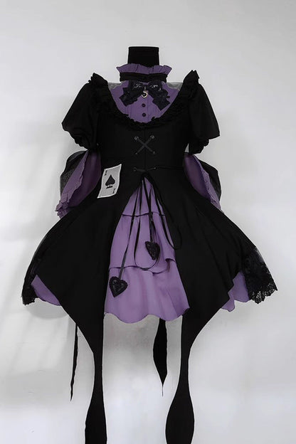 Black/Purple [Phantom Thief Ace of Spades] Short Sleeves Ruffle Bowknot Gothic Lolita Dress Set