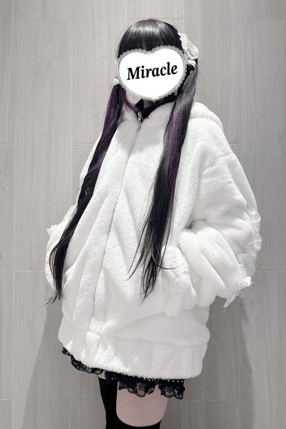 [Sleepy Bear Fluffy] Bear Ears Long Sleeves Bow Lace-Up Hooded Zippered Sweet Jirai Kei Japanese Coat