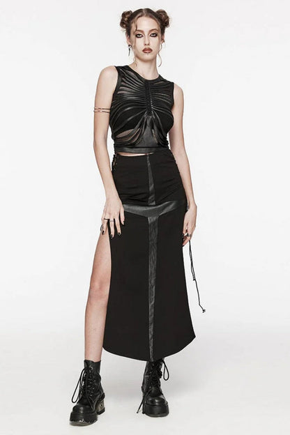 Black Round Collar Sleeveless Stitching Mesh Ripped Women's Punk Tank Top