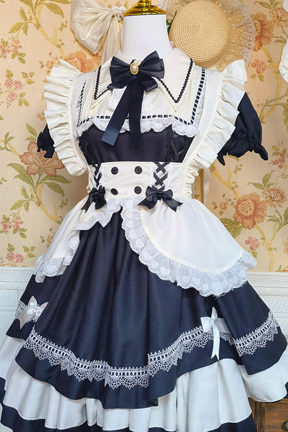 Black/White Short Sleeves Triple-Layered Ruffle Bowknot Lace Sweet Plus Size Maid Lolita Dress Set