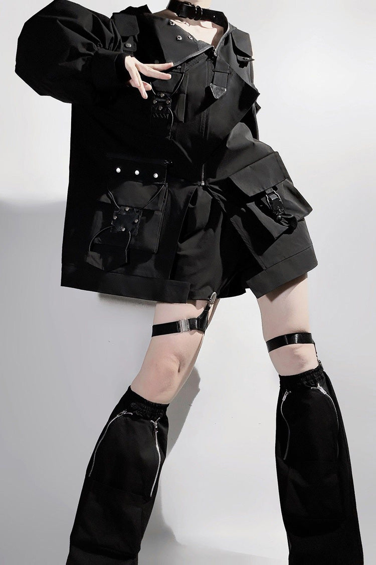 Black Techwear Long Sleeves Hooded Zippered Ouji Gothic Cool Lolita Set