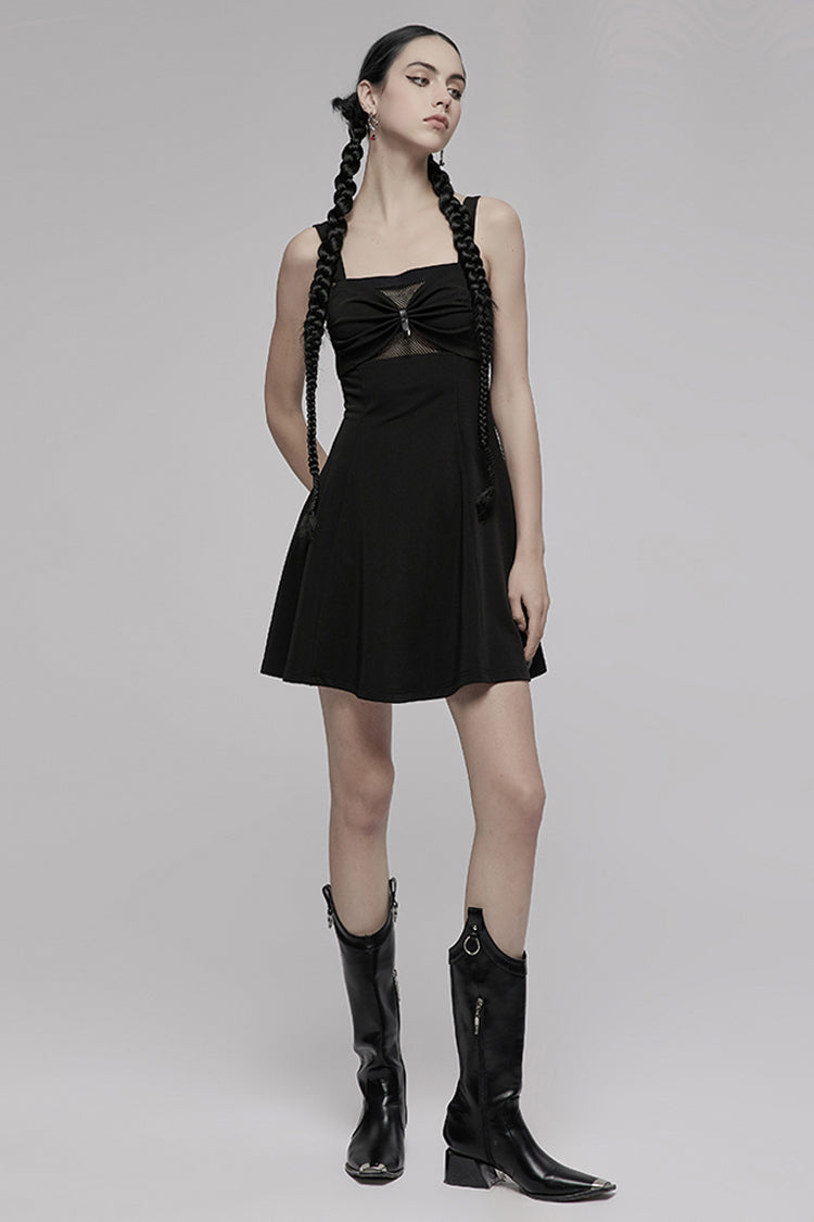 Black Suspender Hollow Mesh Metal PU Buckle Bow Design Sleeveless Women's Punk Dress
