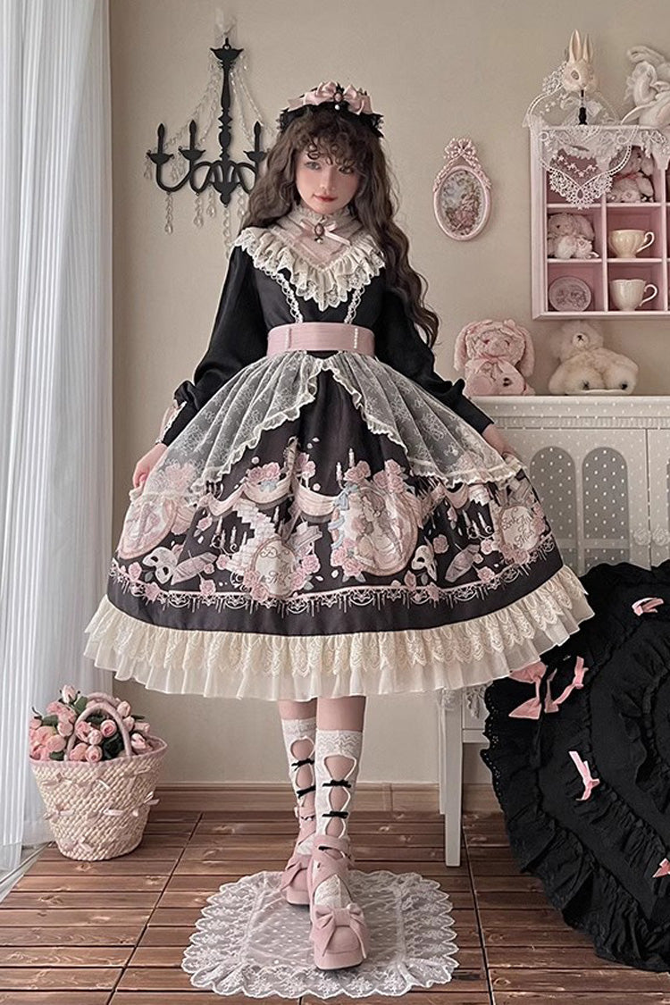 Black Rose Prologue Print Long Sleeves Ruffle Sweet Elegant Lolita Dress